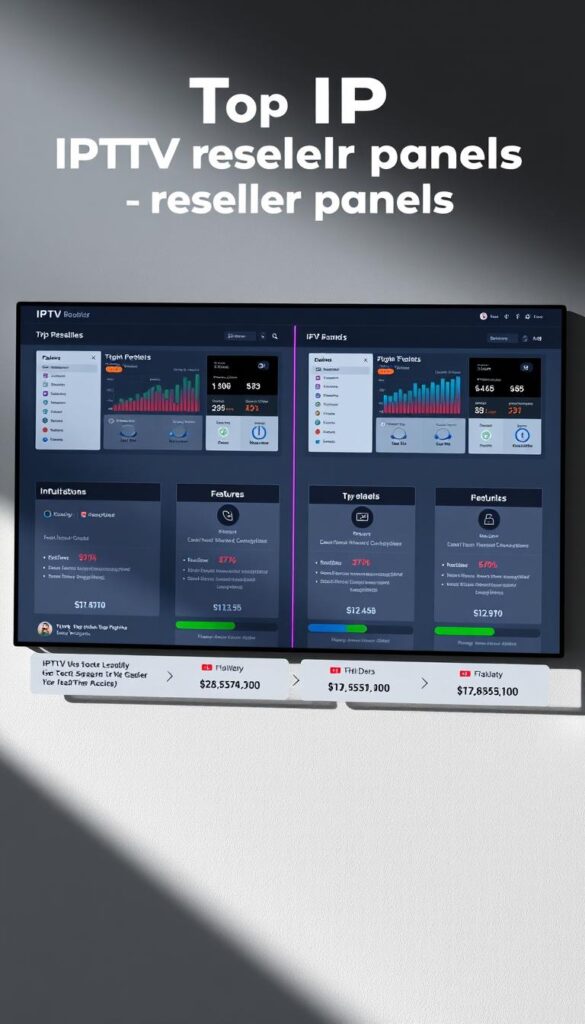 A sleek and modern digital dashboard displaying a side-by-side comparison of the top IPTV reseller panels, including IPTVDIGI. The panels are showcased with clean typography, intuitive user interfaces, and detailed statistics on features, pricing, and customer support. The scene is illuminated by soft, directional lighting that casts subtle shadows, creating depth and a professional, tech-savvy atmosphere. The layout is well-organized, allowing the viewer to easily evaluate and contrast the different reseller options.