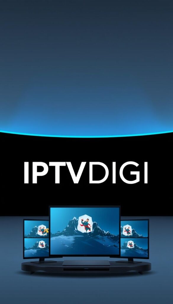 A sleek and modern illustration of the "IPTVDIGI" IPTV provider brand. Set against a sophisticated backdrop of gray and blue tones, the IPTVDIGI logo takes center stage, rendered in bold, minimalist typography. The logo is complemented by a series of stylized television screens, each displaying a different streaming content genre, hinting at the provider's extensive channel offerings. The overall composition conveys a sense of professionalism, reliability, and technological prowess, positioning IPTVDIGI as a premium IPTV solution for discerning resellers.