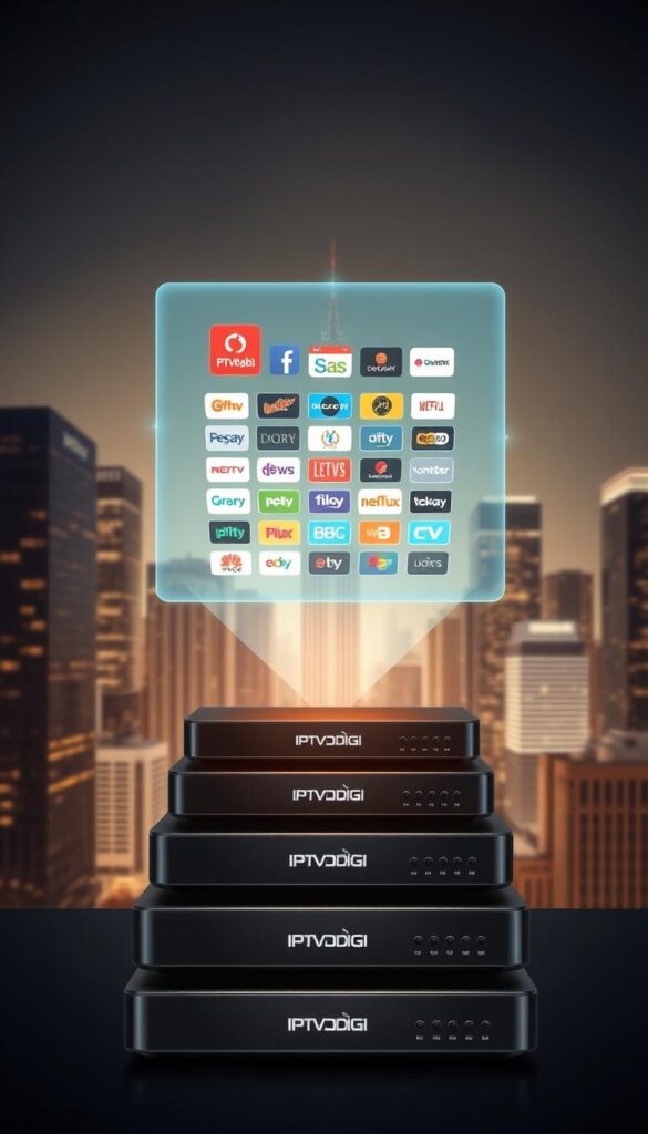A sleek and modern illustration of the IPTVDIGI IPTV reseller packages in the USA. The foreground showcases a stack of stylized IPTV set-top boxes, each emblazoned with the IPTVDIGI logo. The middle ground features a floating holographic display presenting a selection of popular TV channels and streaming services available through the IPTVDIGI reseller packages. The background is a sophisticated cityscape, conveying a sense of urban connectivity and technological advancement. The lighting is soft and warm, creating a professional and trustworthy atmosphere. The overall composition suggests the comprehensive, reliable, and cutting-edge nature of the IPTVDIGI IPTV reseller offerings.