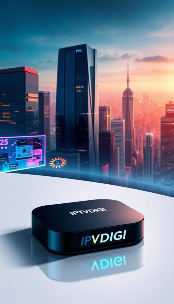 A sleek and modern illustration of the IPTVDIGI IPTV reseller service. In the foreground, a stylized device, perhaps a streaming box or smartphone, displays the IPTVDIGI logo against a crisp, minimalist background. The middle ground features neon-accented graphics and data visualizations, conveying the robust features and capabilities of the IPTV platform. In the background, a cityscape of towering skyscrapers and glowing digital networks suggests the global scale and technological prowess of the IPTVDIGI service. The overall aesthetic is one of sophistication, innovation, and cutting-edge technology, reflecting the premium IPTV reseller experience offered by IPTVDIGI.
