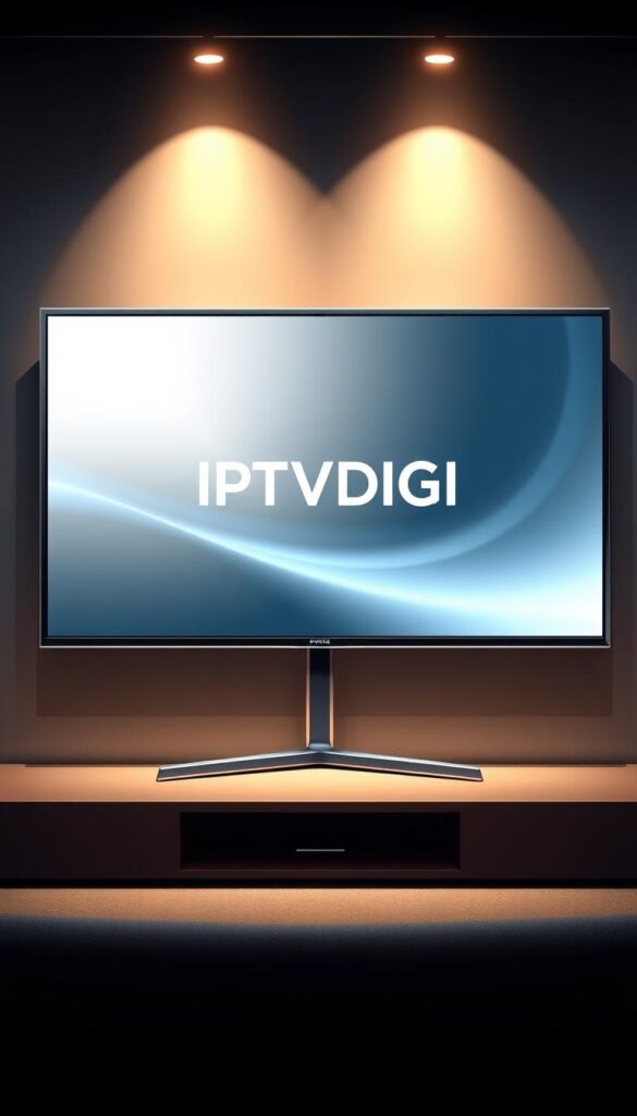 A sleek and modern illustration of the "IPTVDIGI" IPTV service brand. The scene depicts a large, high-resolution television screen displaying the "IPTVDIGI" logo in a minimalist, monochrome design against a stylish, gradient background. The screen is surrounded by a clean, metallic frame, suggesting a premium, high-end device. Subtle lighting casts a warm, inviting glow, creating a sense of quality and professionalism. The overall composition conveys the reliability, trustworthiness, and technological sophistication of the IPTVDIGI IPTV service, making it an appealing choice for new IPTV resellers.