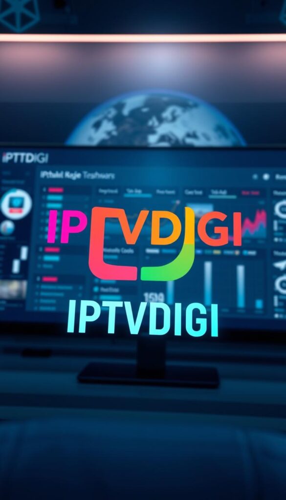 A sleek and modern illustration of the "IPTVDIGI" IPTV service provider. In the foreground, prominently display the IPTVDIGI logo, rendered in a clean, bold typeface with a vibrant, eye-catching color palette. Behind the logo, depict a sophisticated dashboard interface, showcasing the service's intuitive reseller tools and analytical insights. In the background, include a subtle cityscape or satellite imagery, conveying the global reach and digital infrastructure of the IPTV platform. Employ a slightly futuristic, high-tech aesthetic, with sophisticated lighting and a subtle use of depth of field to create a sense of depth and professionalism. The overall mood should be one of technological prowess, reliability, and a premium IPTV service tailored for the needs of savvy resellers.