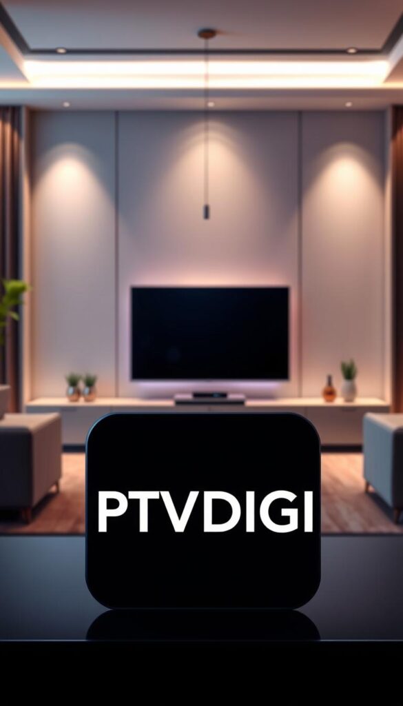A sleek and modern illustration of the "IPTVDIGI" IPTV service, showcased against a sophisticated backdrop. In the foreground, the IPTVDIGI logo stands prominently, rendered in a clean, minimalist style with sharp edges and a bold color palette. The middle ground features a minimalist display device, such as a smart TV or streaming box, seamlessly integrated into the scene. The background depicts a subtly-lit, elegant living room setting, with sophisticated lighting and a sense of refined ambiance, conveying the high-quality, premium nature of the IPTVDIGI service.