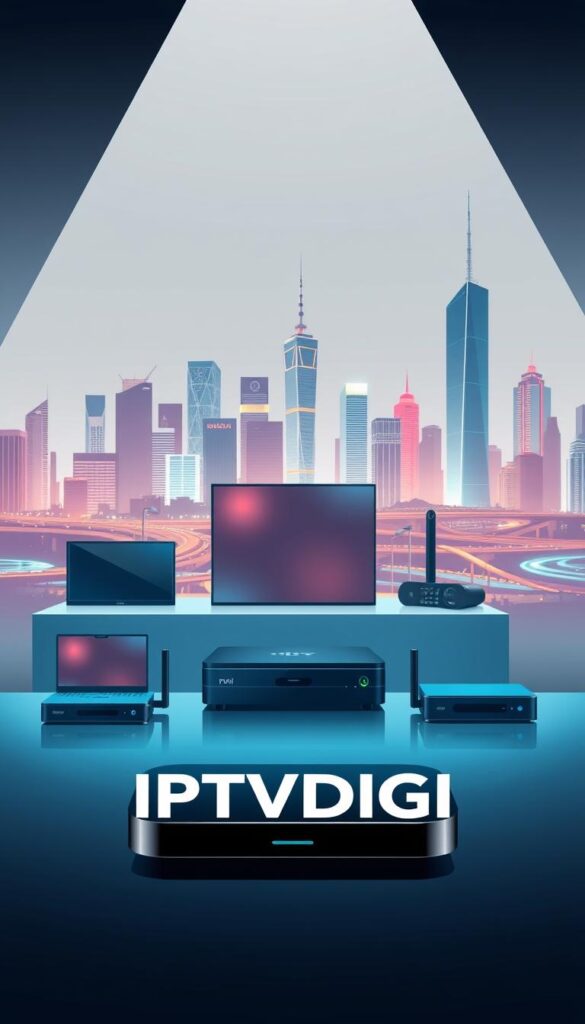A sleek and modern illustration of the "IPTVDIGI" IPTV service. In the foreground, a bold and stylized "IPTVDIGI" logo stands out, conveying a sense of professionalism and reliability. The middle ground features a display of various streaming devices, showcasing the compatibility and versatility of the IPTV service. In the background, a vibrant cityscape with skyscrapers and infrastructure creates a dynamic and urban atmosphere, suggesting the wide reach and accessibility of the IPTVDIGI platform. The lighting is crisp and directional, highlighting the key elements and creating a sense of depth and dimension. The overall mood is one of sophistication, innovation, and technology-driven entertainment.