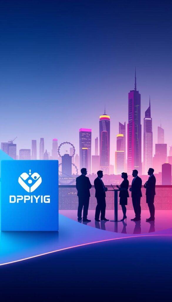 A sleek and modern illustration of the "IPTVDIGI" brand, showcasing its leadership in the IPTV reseller market. In the foreground, a stylized logo and wordmark for "IPTVDIGI" stand out against a vibrant, gradient background. The middle ground features a group of professional, well-dressed individuals engaged in a business meeting, representing the reseller community. In the background, a cityscape with towering skyscrapers and a vibrant, neon-lit skyline creates a sense of urban dynamism and technological innovation. The lighting is soft and directional, casting subtle shadows and highlights to accentuate the sleek, modern aesthetic. The overall composition conveys a sense of authority, professionalism, and the rapid growth of the IPTV reseller industry.