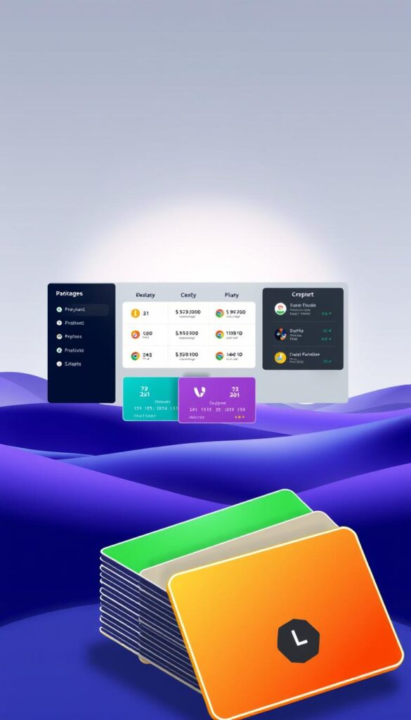 A sleek and modern illustration of the IPTVDIGI credit packages, showcasing a stylized arrangement of various subscription plans. In the foreground, a stack of credit cards in vibrant colors represent the different package tiers, each with a unique icon or symbol. The middle ground features a minimalist, monochromatic interface displaying package details and pricing, bathed in a soft, diffused lighting. The background is a clean, gradient-based landscape, hinting at the digital nature of the IPTV service. The overall composition conveys a sense of professionalism, accessibility, and the diverse range of options available to IPTV resellers and customers.
