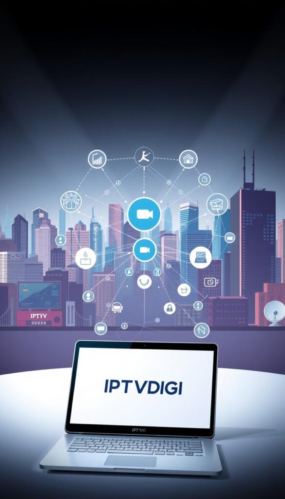 A sleek and modern illustration showcasing the IPTVDIGI IPTV reseller program. In the foreground, a stylized laptop displays the IPTVDIGI logo, surrounded by various IPTV-related icons and graphics, conveying the comprehensive service offering. The middle ground features a sophisticated network diagram, visually explaining the seamless integration between IPTVDIGI and its resellers. In the background, a vibrant cityscape with skyscrapers and satellite dishes creates an urban, high-tech atmosphere, emphasizing IPTVDIGI's position as a premier IPTV provider. The lighting is soft and directional, creating depth and highlighting the key elements. The overall mood is professional, sleek, and technologically advanced, reflecting the reliable and cutting-edge nature of the IPTVDIGI reseller program.