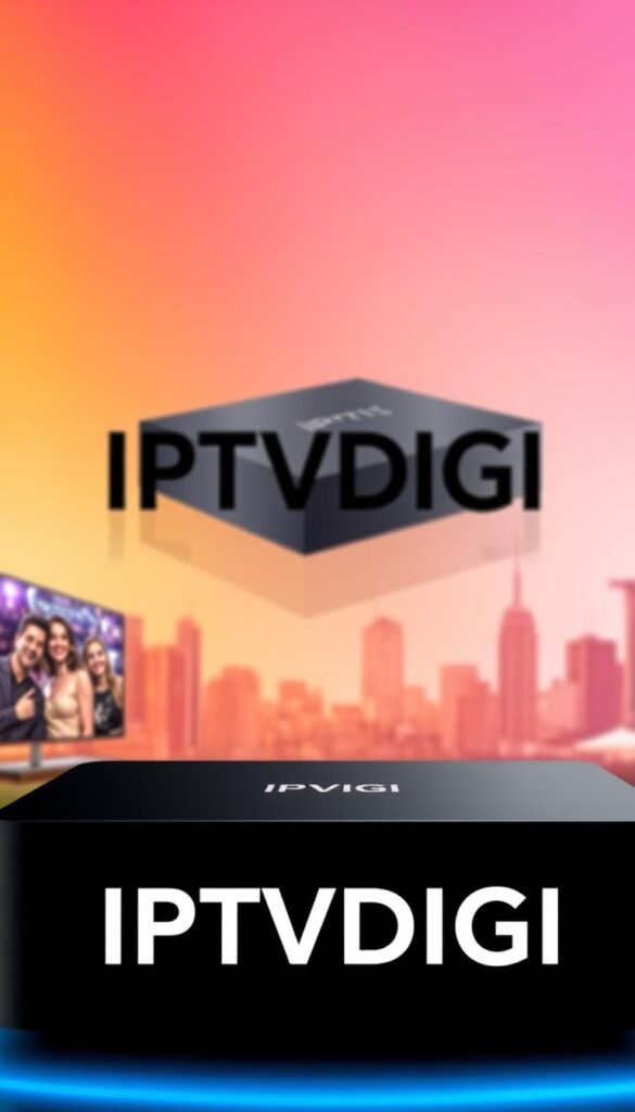 A sleek and modern illustration showcasing the IPTVDIGI IPTV service. In the foreground, prominently displays the IPTVDIGI brand name with a bold, clean font against a vibrant, gradient background. The middle ground features a detailed rendering of a high-end IPTV set-top box or streaming device, capturing its premium design and advanced technological capabilities. The background subtly depicts a cityscape or entertainment-focused environment, conveying the wide range of content and entertainment options available through the IPTVDIGI platform. The overall composition and lighting create a sophisticated, high-quality, and visually appealing image that effectively represents the premium IPTV service.