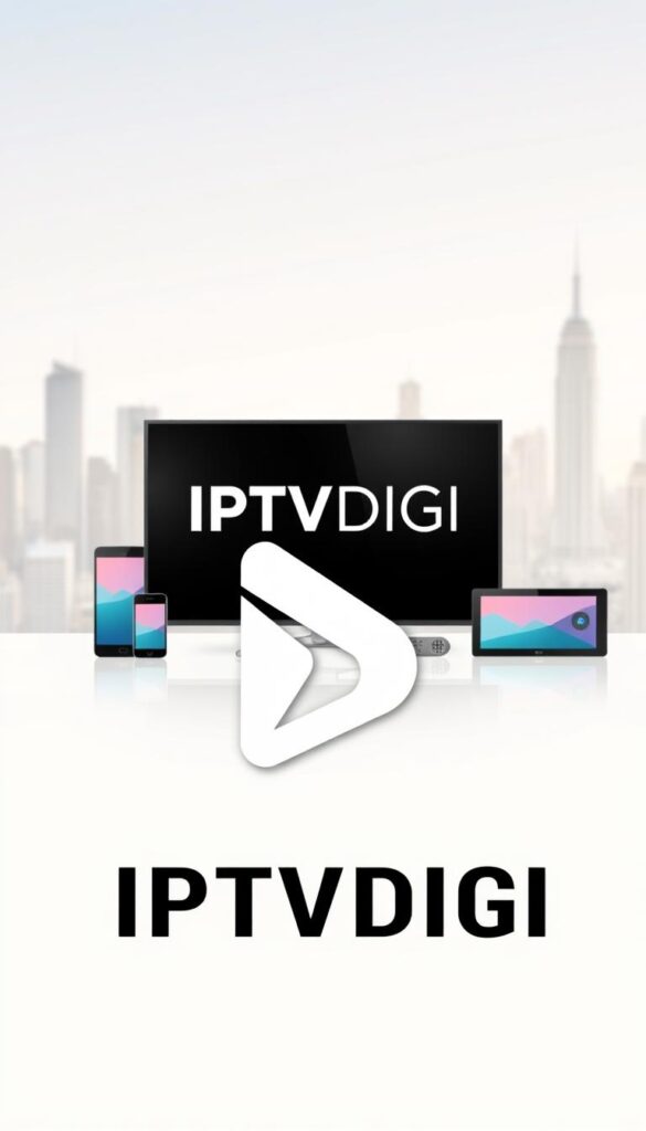 A sleek and modern illustration showcasing the IPTVDIGI brand. In the foreground, the IPTVDIGI logo stands prominently, rendered in a clean, minimalist style with sharp edges and a bold, distinctive typeface. The logo is positioned against a backdrop of subtle gradients, creating a sense of depth and dimensionality. In the middle ground, a collection of digital devices, such as a smart TV, smartphone, and tablet, are arranged to suggest the versatility and accessibility of the IPTVDIGI IPTV service. The devices are depicted with a high-quality, photorealistic rendering, emphasizing the technological sophistication of the platform. The background features a softly blurred cityscape, hinting at the global reach and connectivity of the IPTVDIGI service. The overall composition conveys a sense of sleekness, professionalism, and forward-thinking technology, perfectly aligning with the subject of the article.
