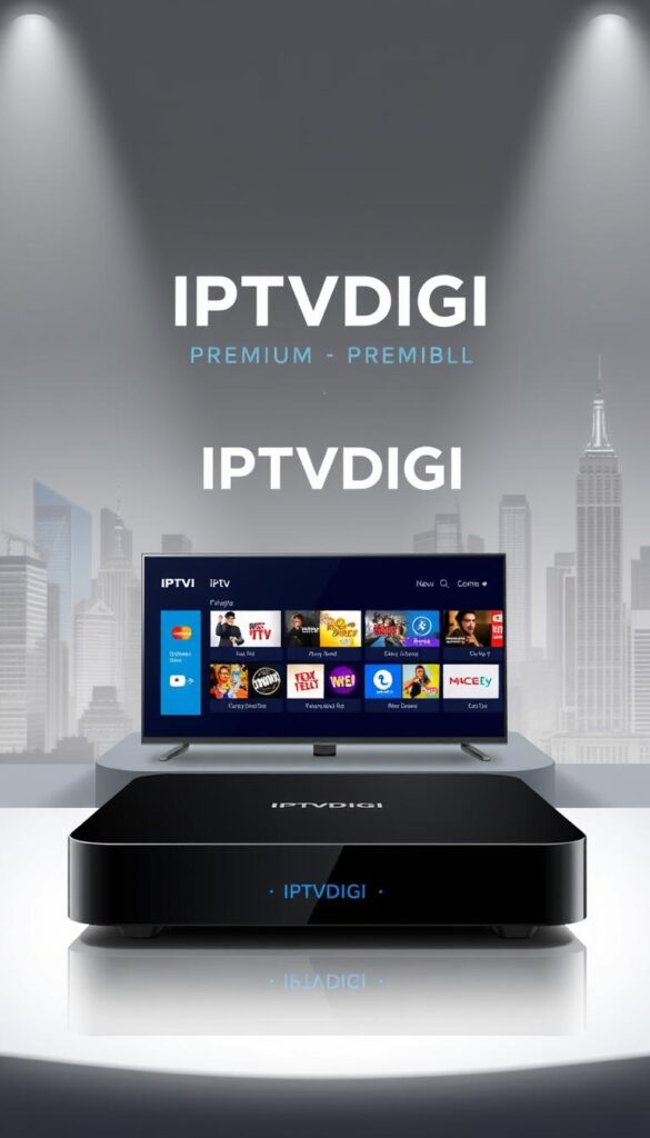 A sleek and modern illustration showcasing the IPTVDIGI premium IPTV service. In the foreground, a high-end streaming device displays a crisp, vibrant interface with a diverse selection of live TV channels and on-demand content. The middle ground features the IPTVDIGI logo prominently, exuding a sense of quality and reliability. The background depicts a cityscape skyline, conveying a global, sophisticated atmosphere. The lighting is soft and directional, creating depth and highlighting the premium nature of the offering. The overall mood is one of luxury, technology, and the promise of seamless, high-quality entertainment.