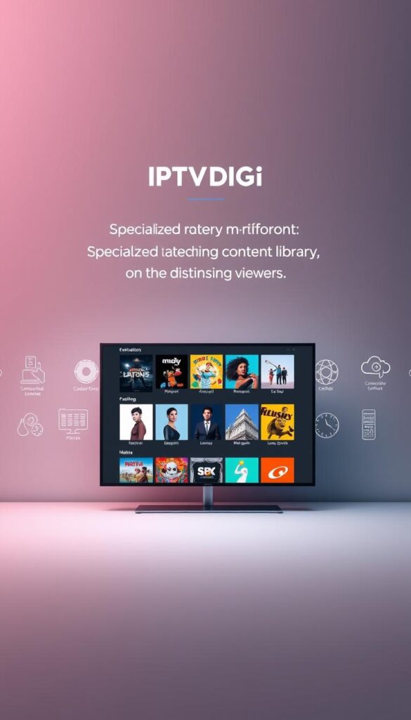 A sleek and modern illustration showcasing the specialized content offerings of IPTVDIGI. In the foreground, a minimalist display screen depicts a diverse array of entertainment options, from popular movies and TV shows to niche documentaries and live sports. The middle ground features stylized icons and infographic elements highlighting IPTVDIGI's breadth of content, conveying a sense of depth and variety. The background is a smooth, gradient-based environment, setting a tone of professionalism and technological sophistication. Lighting is soft and directional, casting subtle shadows to create a sense of depth and dimensionality. The overall mood is one of authority, innovation, and a comprehensive content library tailored to the discerning viewer.