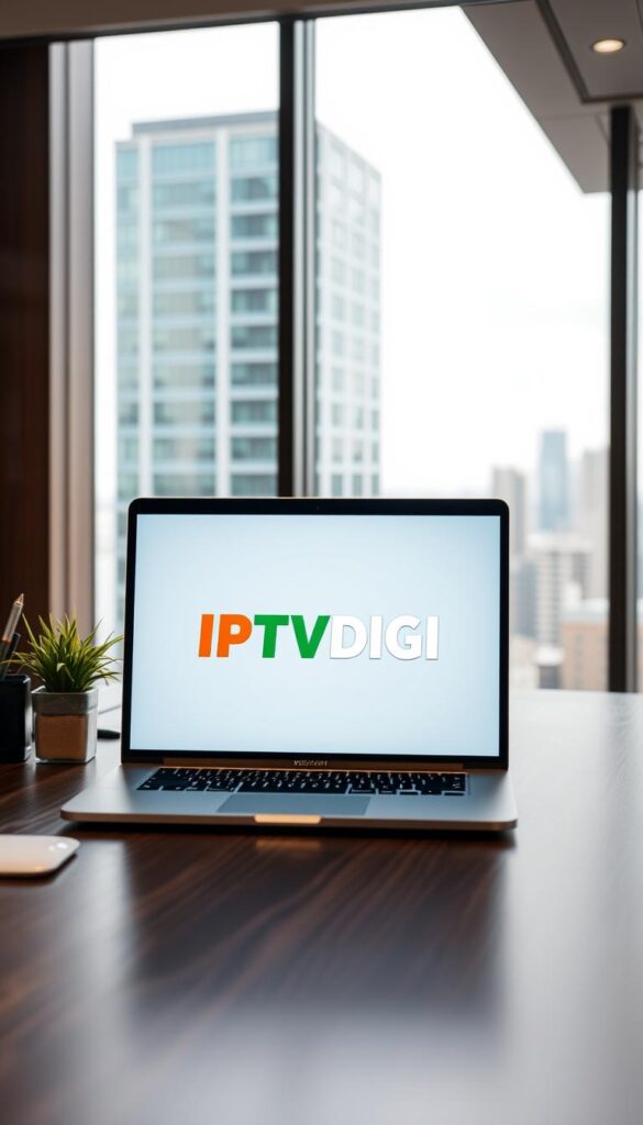 A sleek and modern office desk with a laptop displaying the "IPTVDIGI" logo prominently on the screen. The desk is made of dark wood, and the laptop is positioned in the center, surrounded by a few office supplies like a pen holder and a small potted plant. The lighting is soft and diffused, creating a warm and professional atmosphere. In the background, there is a large window overlooking a cityscape, adding depth and a sense of scale to the scene. The overall composition conveys a sense of productivity, technology, and the business of IPTV reselling.