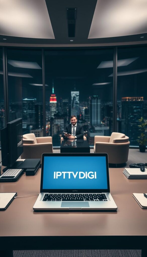 A sleek and modern office interior with large windows overlooking a bustling city skyline. In the foreground, a well-appointed desk showcases a laptop displaying the IPTVDIGI logo, surrounded by various office supplies and a high-end desktop computer. The middle ground features a comfortable sitting area with plush chairs and a coffee table, where a businessman is discussing IPTV reseller program details with a potential client. The background is dimly lit, creating a sense of professionalism and exclusivity, with subtle lighting accents highlighting the company's branding and decor.