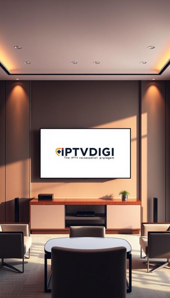 A sleek and modern office setting, with a large display screen showcasing the IPTVDIGI logo prominently in the center. The screen is flanked by elegant office furniture, including a stylish desk and comfortable chairs. Soft, indirect lighting creates a warm and professional atmosphere, while a large window in the background allows natural light to filter in, illuminating the scene. The overall composition conveys a sense of sophistication and attention to detail, reflecting the comprehensive and high-quality nature of IPTVDIGI's IPTV reseller program.