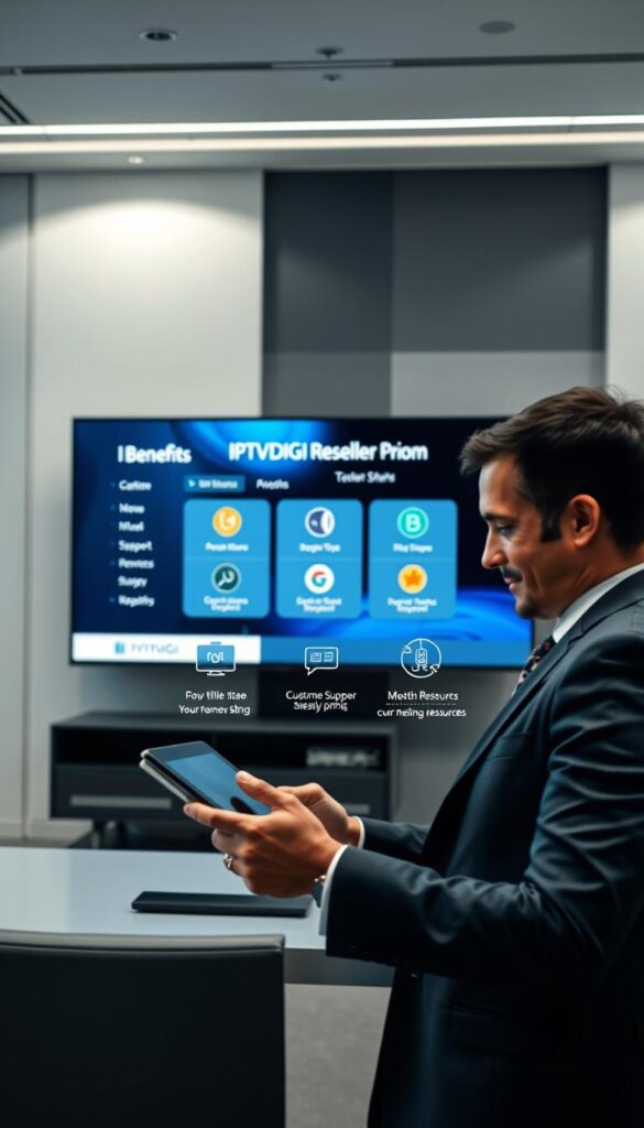 A sleek and modern office setting, with a large display screen showcasing the IPTVDIGI reseller program interface. In the foreground, a well-dressed business professional is reviewing the program's features on a tablet, their expression one of focused interest. The middle ground features stylized icons and infographics highlighting the key benefits of the IPTVDIGI reseller program, such as revenue share, customer support, and marketing resources. The background depicts a minimalist workspace with clean lines, subtle lighting, and a sense of professionalism and innovation. The overall mood conveys a sense of opportunity, growth, and the potential for steady profits through the IPTVDIGI reseller program.