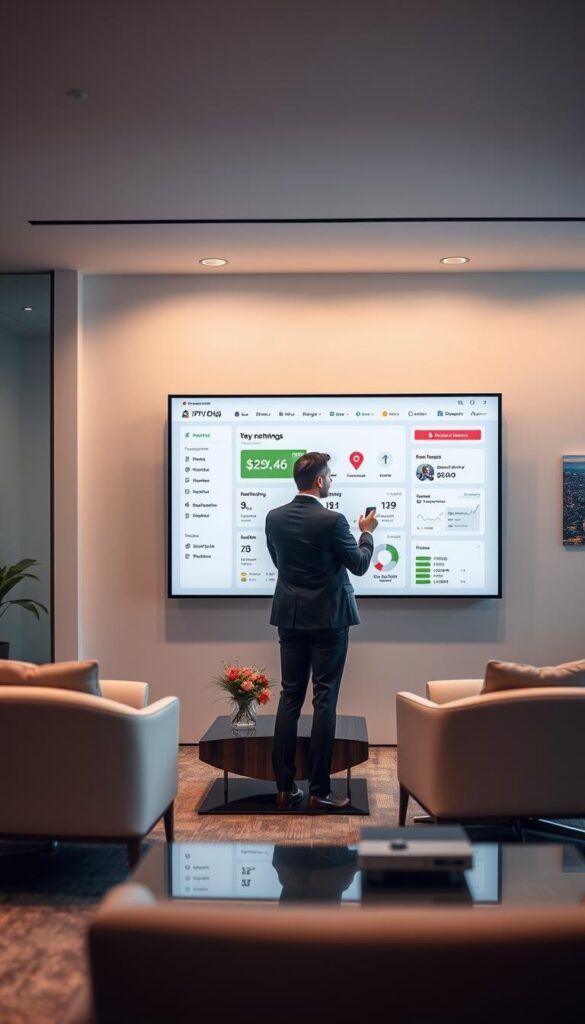 A sleek and modern office setting, with a large flat-screen display prominently showcasing the IPTVDIGI reseller program interface. The display presents a clean, intuitive dashboard with key metrics, subscription management tools, and customizable branding options. In the foreground, a professional-looking person, dressed in business attire, is interacting with the interface, highlighting the program's user-friendly features. The middle ground features elegant office furniture and decor, creating a sophisticated and productive atmosphere. The background subtly suggests a vibrant city skyline, conveying a sense of a thriving, tech-savvy environment. Soft, directional lighting from above casts a warm, inviting glow, emphasizing the sleek, modern aesthetic of the IPTVDIGI reseller program.