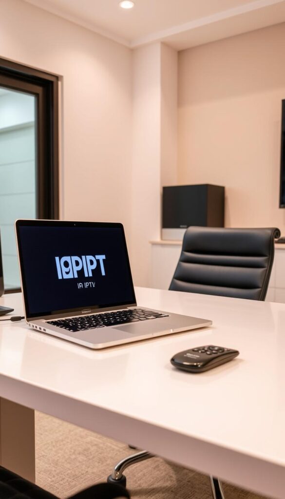 A sleek and modern office setup with a laptop, desk, and chair. On the laptop screen, the IPTVDIGI logo is prominently displayed, indicating a professional IPTV reselling service. The room is well-lit, with a warm and inviting atmosphere. The desk is organized, with a few minimalist office supplies, hinting at a streamlined, efficient workflow. The overall scene conveys a sense of professionalism, reliability, and attention to detail - key attributes for a successful IPTV reseller.