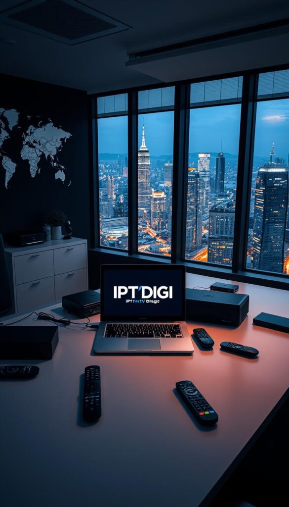 A sleek and modern office workspace, dimly lit with warm ambient lighting. On the desk, a laptop displays the IPTVDIGI logo, surrounded by various streaming devices, remote controls, and networking equipment. The walls are adorned with world maps and flags, hinting at the global reach of the IPTVDIGI IPTV reseller services. Through the large windows, a bustling city skyline is visible, reflecting the international nature of the business. The atmosphere is one of professionalism, technological prowess, and a commitment to serving a diverse, global customer base.