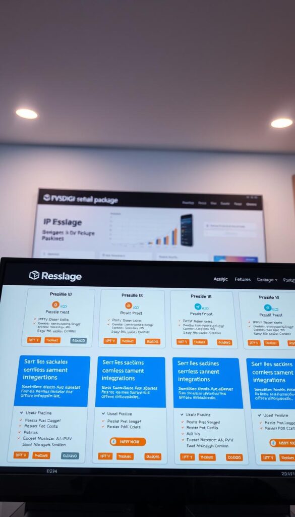 A sleek and modern reseller portal interface showcasing the IPTVDIGI brand. In the foreground, a grid-like display of various IPTVDIGI reseller package options, each with detailed pricing and feature information. The middle ground depicts a sophisticated dashboard with analytics, subscriber management tools, and seamless payment integrations. In the background, a clean and minimalist design with subtle brand elements, creating a professional and trustworthy atmosphere. The lighting is soft and evenly distributed, highlighting the clarity of the interface. The camera angle is slightly elevated, providing an overview of the comprehensive reseller platform.