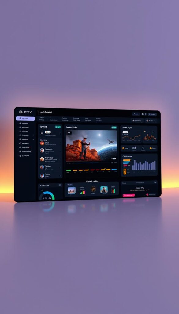 A sleek and modern web dashboard for the IPTVDIGI Mega IPTV reseller portal. The interface features a clean, minimalist design with a dark color scheme and sharp edges. In the center, a large video player showcases the IPTV service, surrounded by various widgets and statistics tracking reseller performance, customer data, and content offerings. The left sidebar provides quick access to account management, order fulfillment, and marketing tools. Subtle lighting casts a warm glow, creating a professional and efficient atmosphere. High-resolution graphics, elegant typography, and intuitive user experience design come together to form a sophisticated and user-friendly reseller platform.