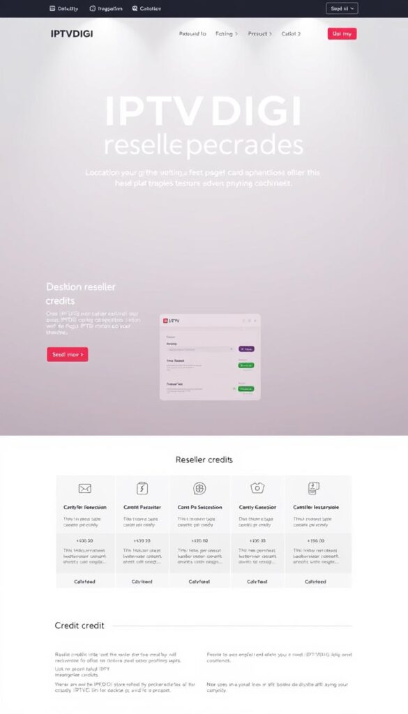 A sleek and modern web interface showcasing the IPTVDIGI reseller credit packages. The layout features elegant typography, concise pricing details, and clean visual elements. In the foreground, a grid of different credit tiers is displayed, each with its own icon, description, and price. The middle ground depicts a minimalist dashboard or management console, hinting at the platform's user-friendly controls. The background is a subdued, gradient-based design, creating a professional and trustworthy atmosphere. Soft lighting illuminates the scene, highlighting the sophisticated branding and attention to detail that characterizes the IPTVDIGI reseller experience.