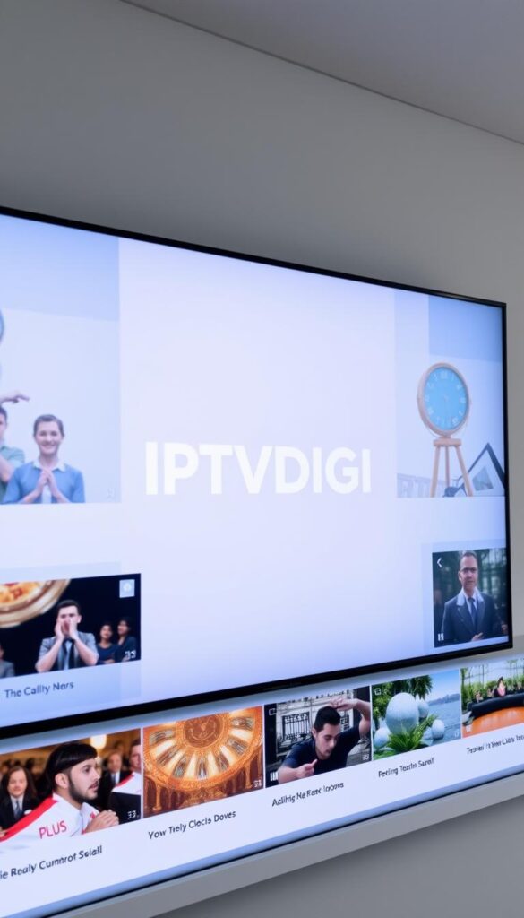 A sleek and modern white label IPTV services interface, showcasing the IPTVDIGI brand prominently in the center. The display features a clean, minimalist design with intuitive navigation menus, sharp iconography, and high-quality video thumbnails. The lighting is soft and diffused, creating a professional and trustworthy atmosphere. The camera angle is slightly elevated, providing a comprehensive overview of the platform's features and functionality. The background is a subtle gradient, allowing the IPTVDIGI branding to take center stage. The overall impression is one of a reliable, user-friendly, and visually appealing white label IPTV solution.