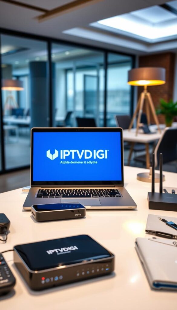A sleek and modern workspace with a laptop displaying the IPTVDIGI logo prominently on the screen. In the foreground, various IPTV-related devices and accessories are neatly arranged, such as a streaming box, remote control, and network router. The middle ground features a clean, minimalist desk with a stylish lamp and some organizational items. The background showcases a blurred, contemporary office setting with large windows, allowing natural light to fill the space. The overall scene conveys a professional, high-quality IPTV reseller service, emphasizing efficiency, technology, and a premium user experience.