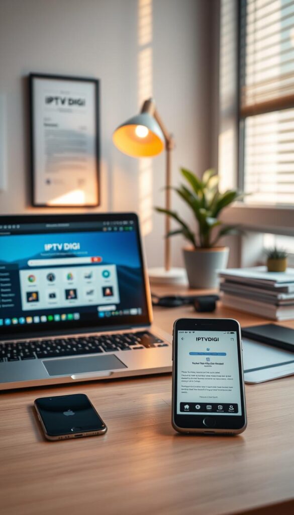 A sleek and modern workspace with a laptop, smartphone, and other gadgets showcasing the IPTVDIGI reseller program. The scene is bathed in warm, natural lighting, creating a professional and inviting atmosphere. In the foreground, an open laptop displays the IPTVDIGI platform, showcasing its user-friendly interface and comprehensive features. The middle ground features a smartphone with the IPTVDIGI app open, highlighting the program's mobility and accessibility. The background includes neatly organized documents, a stylish desk lamp, and a potted plant, conveying a sense of productivity and organization. The overall composition emphasizes the ease, efficiency, and professionalism of the IPTVDIGI reseller program.