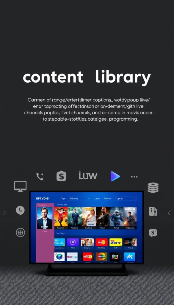 A sleek and visually compelling content library showcasing the vast array of entertainment options offered by IPTVDIGI, the leading IPTV provider for resellers. The library is presented in a minimalist, modern design with clean lines and a sophisticated color palette. The foreground features a large, high-definition display showcasing the breadth of IPTVDIGI's content, including popular live TV channels, on-demand movies, and exclusive programming. In the middle ground, stylized icons and thumbnails highlight the diverse categories and genres available, while the background features a subtle pattern or texture that adds depth and visual interest. The overall impression is one of professionalism, reliability, and a commitment to providing resellers with the best possible IPTV experience.
