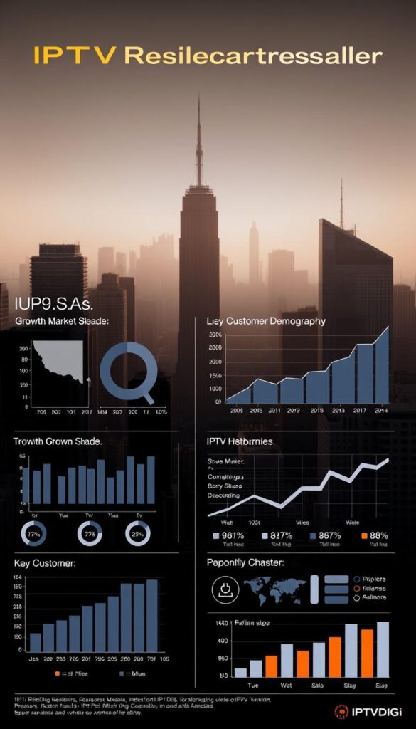 A sleek, data-driven infographic showcasing the IPTVDIGI reseller landscape in the USA. A minimalist cityscape backdrop with skyscrapers and bridges, bathed in soft, directional lighting. In the foreground, elegant charts and graphs display market share, growth trends, and key customer demographics. Infused throughout are subtle brand elements like the IPTVDIGI logo and color palette. The overall mood is one of authority, professionalism, and strategic insight, reflecting the opportunities and challenges facing IPTV resellers in the competitive American market.