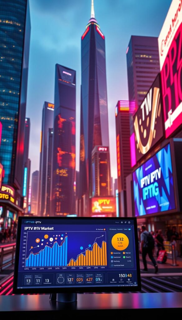 A sleek, futuristic cityscape with towering skyscrapers and neon-lit billboards, showcasing the rapid growth of the IPTV market. In the foreground, a dynamic data visualization dashboard displays charts and graphs illustrating the market's expansion, with the IPTVDIGI brand prominently featured. The scene is bathed in a warm, vibrant lighting, creating an atmosphere of innovation and progress. The overall composition conveys the sense of a thriving, technology-driven industry poised for continued growth in the years ahead.