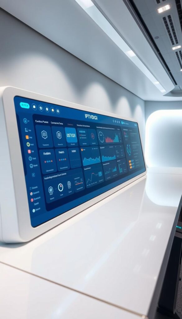 A sleek, futuristic control panel for a geo IPTV reseller service, featuring the IPTVDIGI brand. The panel displays a sophisticated user interface with customizable widgets, real-time analytics, and intuitive navigation. Soft, diffused lighting creates a professional, high-tech atmosphere, while the clean lines and minimalist design convey a sense of efficiency and reliability. The panel is captured from a low, slightly angled perspective, emphasizing its advanced capabilities and prominent IPTVDIGI branding.