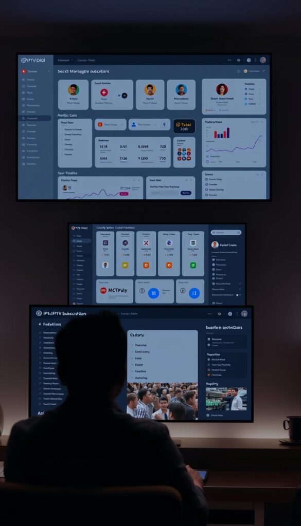 A sleek, intuitive IPTV reseller platform by IPTVDIGI, featuring a modern dashboard with customizable panels, real-time analytics, and seamless user management. The platform is bathed in a soft, diffused lighting, creating a professional and polished atmosphere. In the foreground, a user interacts with the responsive interface, navigating through various subscription plans and customer details. The middle ground showcases the platform's core features, such as channel management, billing, and reporting tools, all designed with a clean, minimalist aesthetic. The background depicts a subtle cityscape, hinting at the platform's scalability and adaptability to diverse business environments.