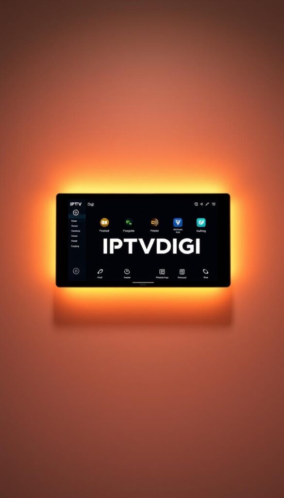 A sleek, minimalist IPTV control panel with the IPTVDIGI logo prominently displayed. The panel features a clean, intuitive interface with various customizable options and settings. The background is a soft, muted gradient, creating a professional and modern atmosphere. Warm, indirect lighting illuminates the panel, highlighting its tactile, high-quality materials. The composition emphasizes the panel's central focus, with a slight angle to create depth and visual interest. The overall impression is one of a powerful, yet user-friendly IPTV management tool.