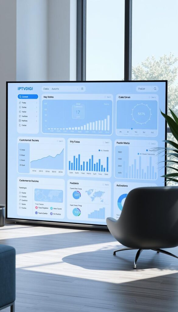 A sleek, minimalist IPTV reseller panel interface designed by IPTVDIGI. A modern dashboard with a clean layout, intuitive navigation, and precise data visualizations. Soft blue hues and subtle gradients create a professional, tech-savvy atmosphere. The panel showcases key metrics, customer management tools, and reseller controls in an organized, easy-to-use format. Crisp icons, responsive UI, and subtle 3D elements enhance the user experience. Bright natural lighting from a large window illuminates the scene, casting gentle shadows and highlights. The overall impression is one of power, efficiency, and complete control over an IPTV reseller business.