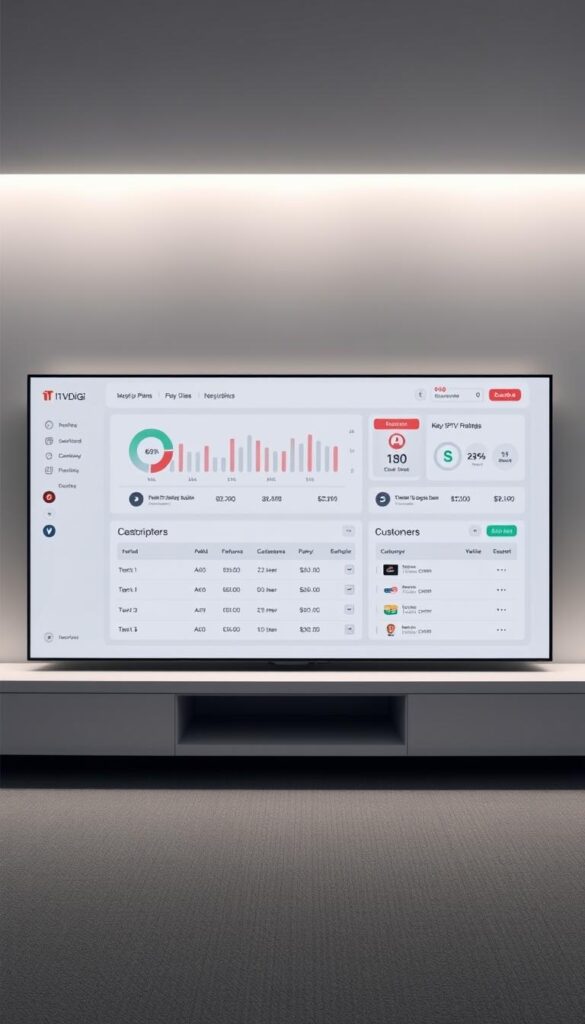 A sleek, minimalist IPTV reseller panel interface designed by IPTVDIGI. The panel displays a clean dashboard with key metrics, subscription plans, and customer management tools. Soft lighting illuminates the panel, creating a professional and elegant atmosphere. The layout is intuitive, with clear navigation and well-organized sections. In the background, a subtle pattern or texture adds depth and visual interest, complementing the panel's modern aesthetic. The overall impression is one of a powerful, user-friendly platform for IPTV resellers to manage their business effectively.