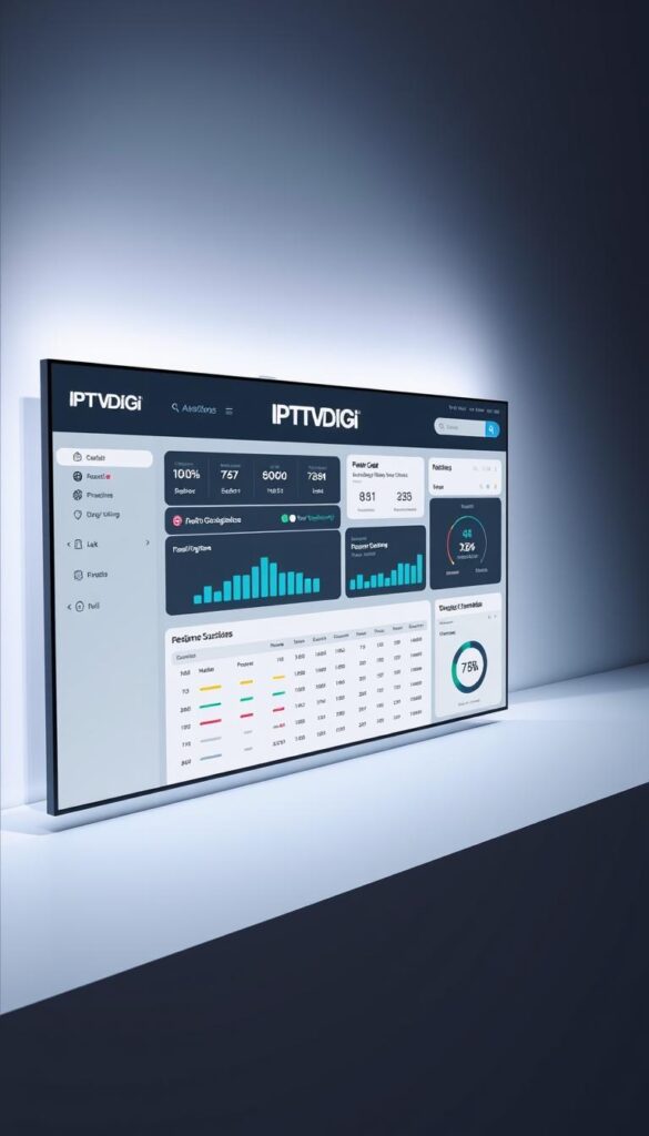 A sleek, minimalist IPTV reseller panel interface with the IPTVDIGI brand prominently displayed. The layout features a clean, user-friendly dashboard with intuitive controls and analytics, showcasing customer details, subscription management, and real-time streaming status. The panel is illuminated by soft, directional lighting, creating a professional and modern atmosphere. The background is a subtle gradient, placing the focus on the functional yet visually appealing design. The overall impression conveys efficiency, reliability, and a premium IPTV reseller experience.