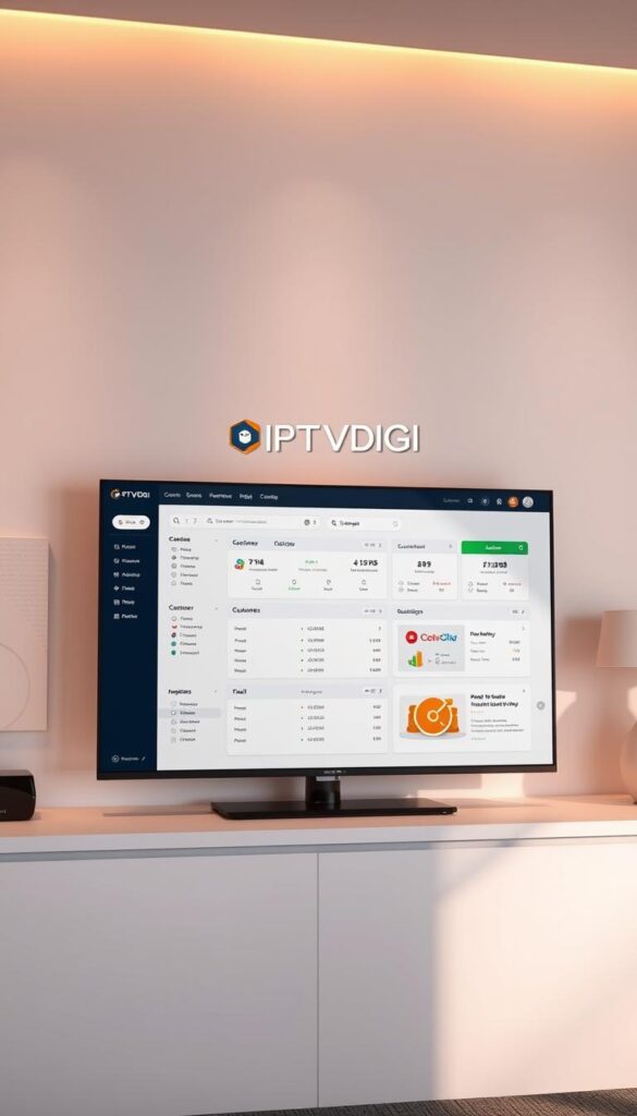A sleek, minimalist IPTV reseller panel interface with the IPTVDIGI logo prominently displayed. The panel showcases a clean dashboard, intuitive navigation, and neatly organized customer and subscription management tools. The layout features a balanced use of white space, subtle gradients, and modern typography, conveying a sense of professionalism and efficiency. The panel is illuminated by warm, directional lighting that casts gentle shadows, creating depth and a premium feel. The overall mood is one of sophistication and user-friendliness, reflecting the panel's ability to streamline IPTV reseller operations.