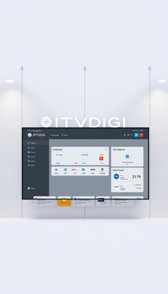 A sleek, minimalist IPTV reseller panel interface with the IPTVDIGI logo prominently displayed. The panel showcases a clean dashboard with intuitive navigation, displaying key metrics and reseller management tools. The background has a subtle grid pattern, conveying a sense of order and professionalism. Soft, indirect lighting creates a modern, sophisticated ambiance, while the overall layout and design elements suggest a user-friendly, easy-to-navigate platform tailored for IPTV resellers.