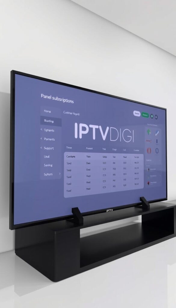 A sleek, minimalist IPTV reseller panel with a clean, intuitive interface. The panel is displayed on a large, high-resolution monitor, showcasing the IPTVDIGI brand prominently. The display features a dark, muted color scheme with subtle accents, creating a professional and modern aesthetic. The panel layout is well-organized, with clear sections for managing subscriptions, payments, and customer support. The overall impression is one of a powerful, reliable, and user-friendly platform for IPTV resellers to streamline their operations.