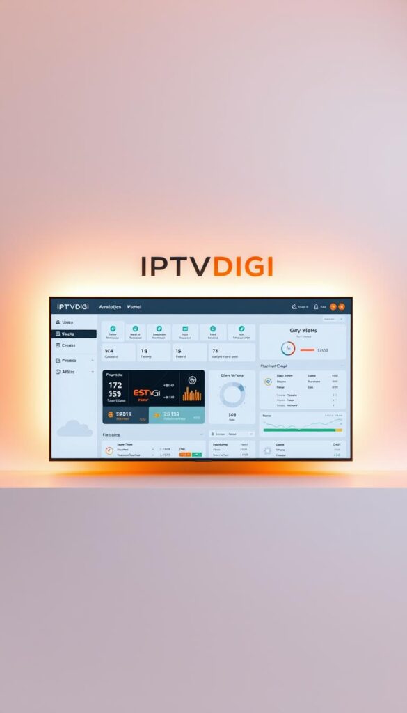 A sleek, minimalist IPTV reseller panel with the IPTVDIGI brand prominently displayed. The panel features a clean, intuitive interface with easy-to-navigate menus, client management tools, and real-time analytics. Warm, soft lighting illuminates the panel, creating a professional and trustworthy atmosphere. The panel is shown from a slightly elevated angle, allowing the user to see the full scope of its features. The background is a subtle, gradient-based design, keeping the focus on the reseller panel itself.