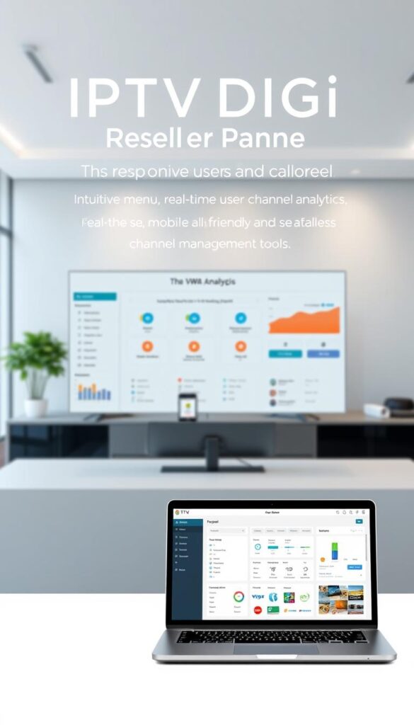 A sleek, minimalist IPTV reseller panel with the IPTVDIGI branding prominently displayed. The interface features a clean, intuitive dashboard with intuitive menus, real-time user and channel analytics, and seamless channel management tools. In the foreground, a laptop screen showcases the panel's responsive, mobile-friendly design. The middle ground features various devices like tablets and smartphones, highlighting the panel's cross-platform compatibility. The background depicts a softly lit, modern office setting, conveying a sense of professionalism and efficiency. Subtle lighting and elegant typography create a sophisticated, high-quality impression.