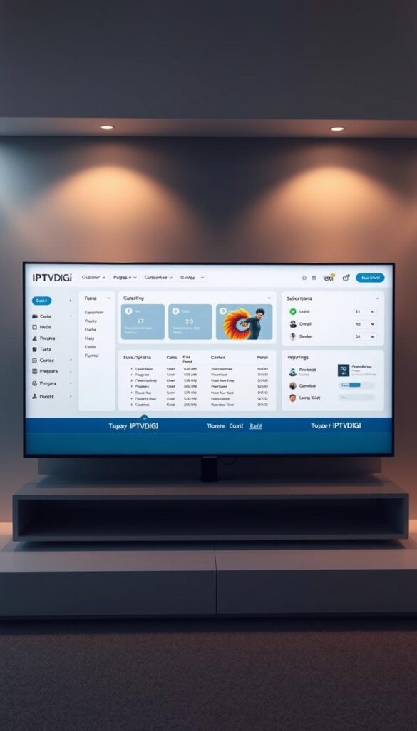 A sleek, minimalist IPTV reseller panel with the IPTVDIGI branding prominently displayed. The interface features a clean dashboard, intuitive navigation, and customizable user settings. The panel is bathed in a soft, warm lighting, creating a professional and inviting atmosphere. The layout is well-organized, with clear sections for customer management, subscription plans, and reporting tools. The overall impression is one of efficiency and reliability, showcasing the platform's ability to empower IPTV resellers to manage their business with ease.