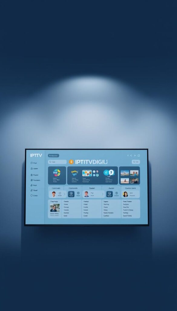 A sleek, minimalist IPTV reseller panel with the IPTVDIGI logo prominently displayed. The interface features a clean dashboard with intuitive controls, channel listings, and user management tools. The background is a soft, muted gradient in shades of blue, creating a professional and calming atmosphere. Subtle lighting from above casts a gentle glow, highlighting the panel's modern and user-friendly design. The overall composition conveys a sense of efficiency and reliability, catering to the needs of IPTV resellers in the 2024 market.
