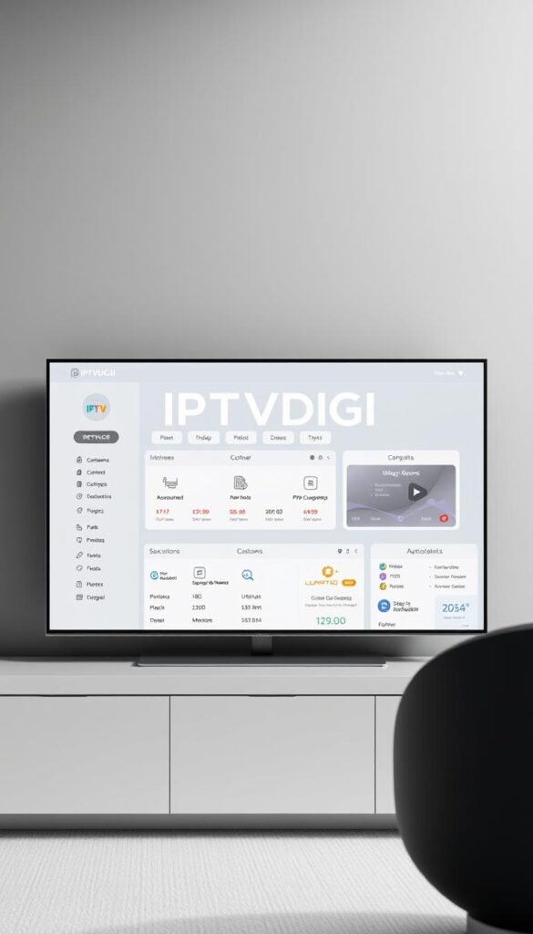 A sleek, minimalist IPTV reseller panel with the IPTVDIGI logo prominently displayed. The panel features a clean, intuitive interface with various sections and options for managing IPTV subscriptions, customer accounts, and sales data. The layout is designed for easy navigation, with clear labels and intuitive icons. The background is a soft, muted grey, creating a professional and sophisticated atmosphere. The overall scene is well-lit, with subtle shadows and highlights that give depth and dimension to the panel. The camera angle is slightly elevated, providing a comprehensive view of the reseller's dashboard.