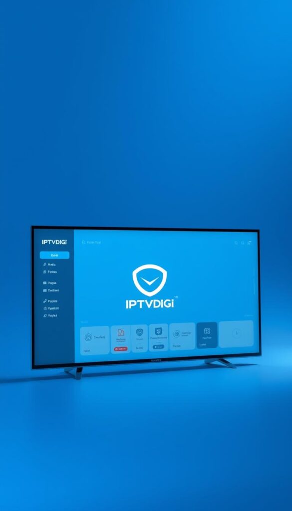 A sleek, minimalist IPTV reseller panel with the IPTVDIGI logo prominently displayed. The panel features a clean, user-friendly interface with neatly organized menus and intuitive controls. The background is a subtle gradient in shades of blue, creating a professional and calming atmosphere. Soft lighting illuminates the panel, highlighting its elegant design and providing a sense of depth and dimensionality. The overall impression is one of a powerful, yet refined, tool for managing an IPTV reseller business.