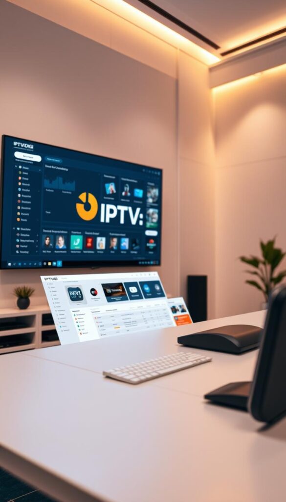 A sleek, minimalist IPTV reseller platform with the IPTVDIGI logo prominently displayed. The interface features a clean dashboard, intuitive user controls, and a range of customization options. The scene is bathed in soft, warm lighting, creating a professional and inviting atmosphere. In the background, a large, high-resolution monitor showcases the platform's advanced features and analytics. The overall impression is one of a powerful, user-friendly tool designed to empower IPTV resellers and drive their success.