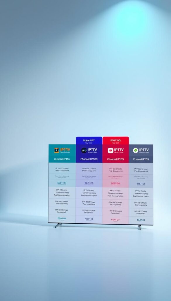 A sleek, minimalist IPTV reseller service package interface showcasing IPTVDIGI's offerings. A clean grid layout displays various subscription tiers, each with detailed channel lineups, device compatibility, and pricing information. The foreground features vibrant icons and neatly organized plan details, while the background incorporates a subtle gradient, conveying a professional and modern aesthetic. Soft, directional lighting illuminates the scene, creating depth and highlighting the service's key features. The overall composition communicates a sense of clarity, reliability, and user-friendliness for potential IPTV resellers.