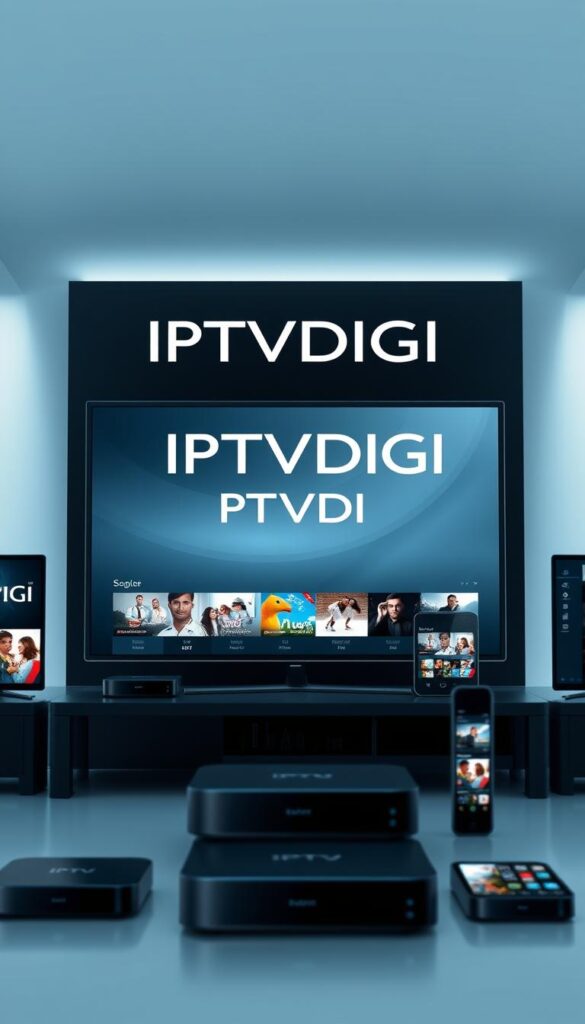 A sleek, minimalist IPTV service panel with the brand name "IPTVDIGI" prominently displayed. The panel features a clean, monochrome design with elegant typography and subtle metallic accents, conveying a sense of professionalism and innovation. In the foreground, a high-quality display showcases a selection of IPTV channels, reflecting the platform's robust content offerings. The middle ground features various devices compatible with the IPTV service, such as smart TVs, set-top boxes, and mobile devices, emphasizing the versatility of the solution. The background is a softly blurred, technology-inspired environment, with subtle visual cues hinting at the advanced infrastructure and cutting-edge technology powering the IPTV platform.