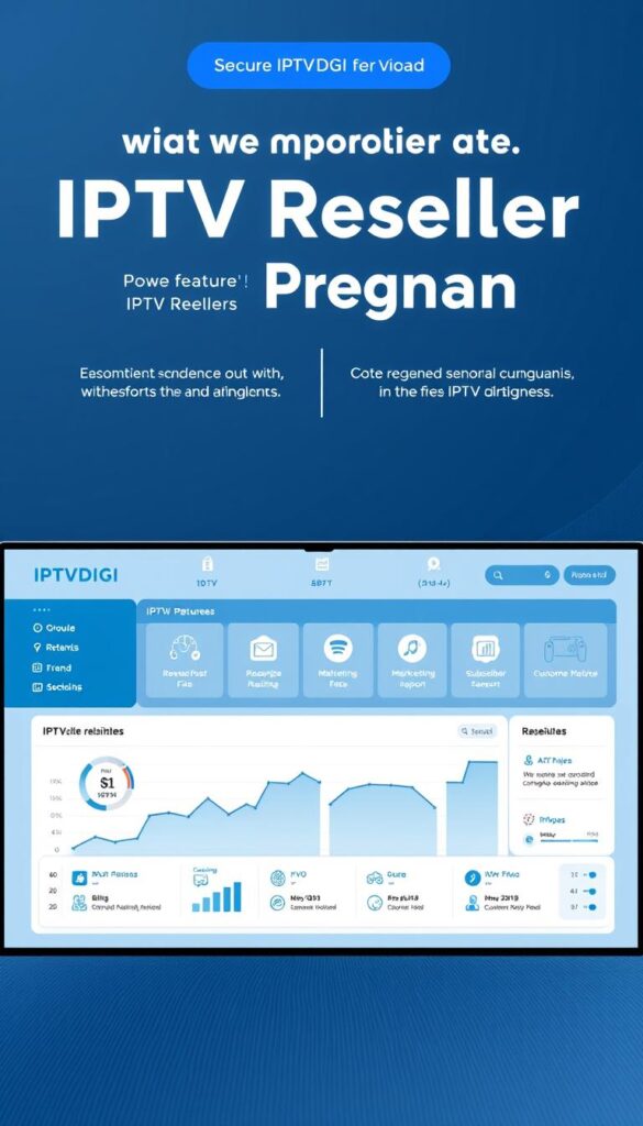 A sleek, minimalist IPTVDIGI-branded dashboard showcasing the key features and benefits of an IPTV reseller program. The interface features clean lines, intuitive navigation, and a color palette of blues and grays to convey a sense of professionalism and reliability. In the foreground, a graph or chart displays insightful data on revenue growth, subscriber retention, and other crucial metrics for IPTV resellers. The middle ground features stylized icons representing the program's various tools and services, such as billing, marketing, and customer support. In the background, a subtle texture or pattern suggests the secure, technology-driven nature of the IPTV reseller business. The overall impression is one of a powerful, user-friendly platform that can help entrepreneurs succeed in the dynamic IPTV market.